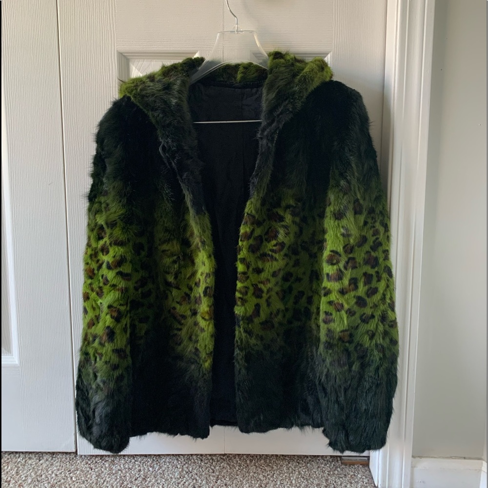 Real mink fur leopard jacket green/black sz 4-6